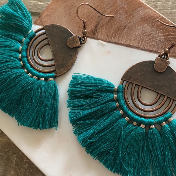 🌟HP🌟 Retro Bohemian Teal Tassel Earrings - Picture 2 of 4
